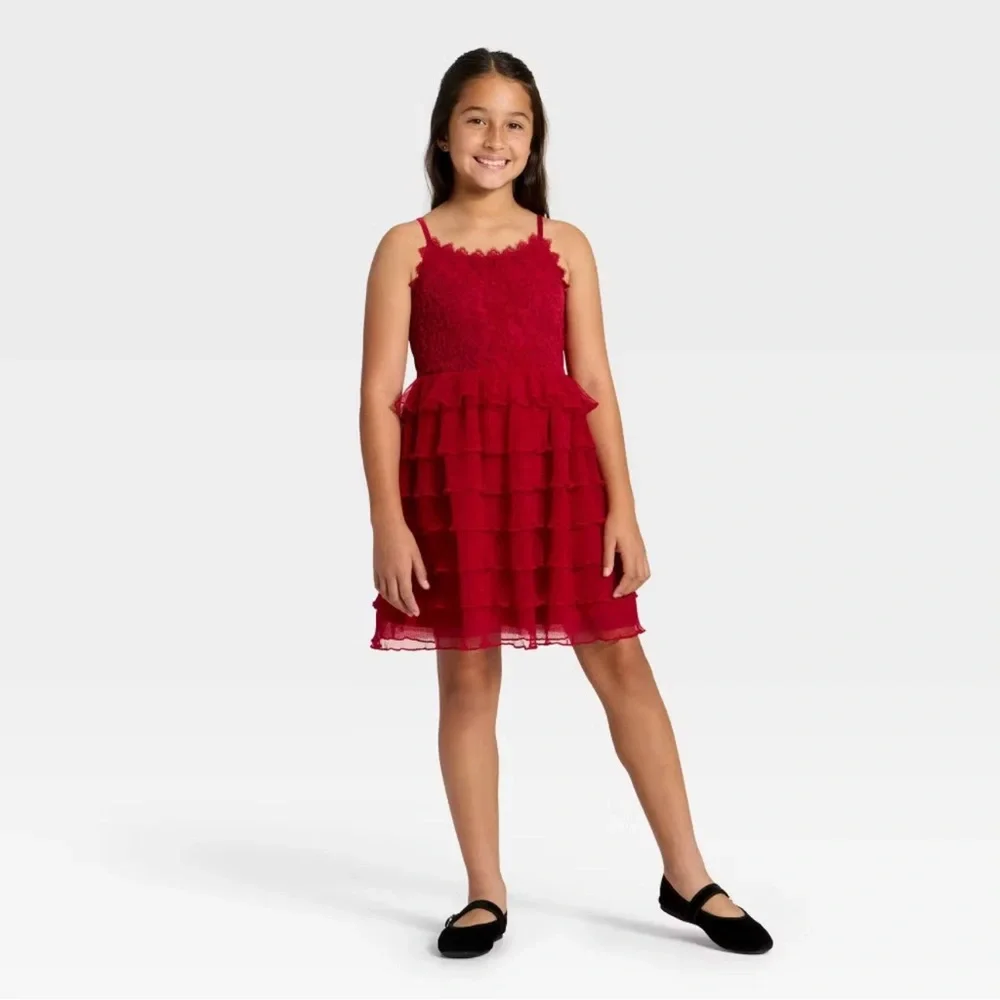 Cat & Jack Girls' Tiered Lace Dress - Dark Red, XS (4/5)